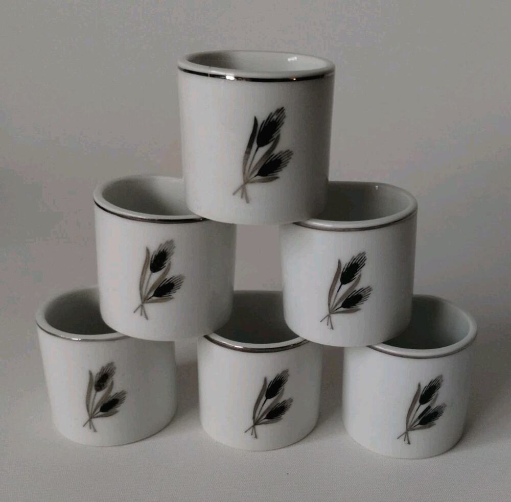 6 Fukagawa Arita Hand-Painted Porcelain Napkin Rings Wheat Platinum 1960s Japan